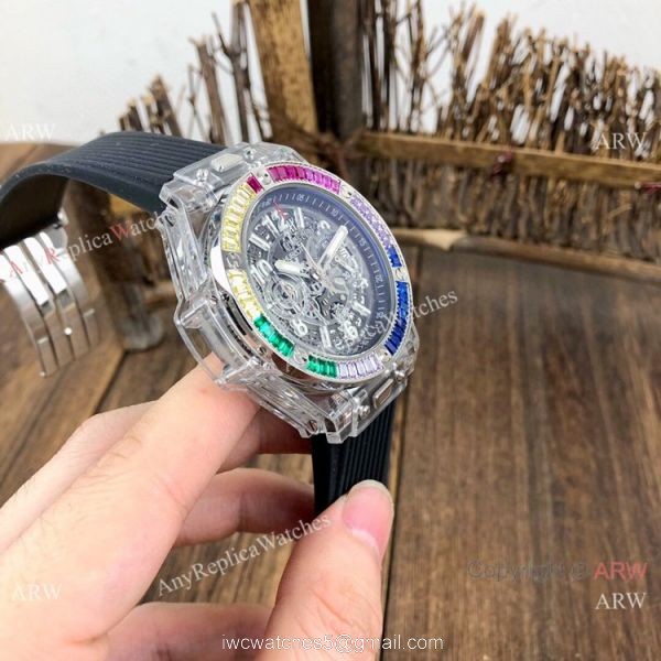 Hublot Big Bang Unico Replica Watches Rainbow Bezel Skeleton Dial Hublot Clear Watch 2