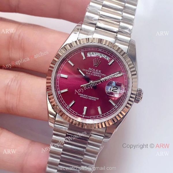 (EW)Swiss 3255 Replica Presidential Rolex Day-Date 36mm Watch Stainless Steel Red Dial 2
