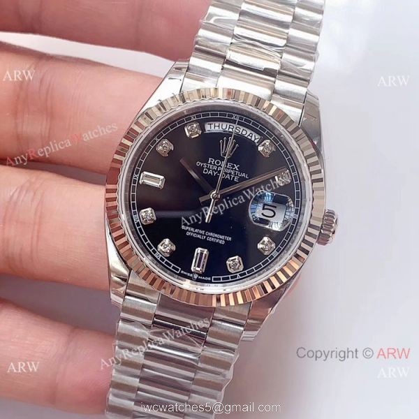 (EW)AAA Fake Rolex Presidential Day-Date Black Dial Stainless Steel Watch Swiss 3255 Movement 2