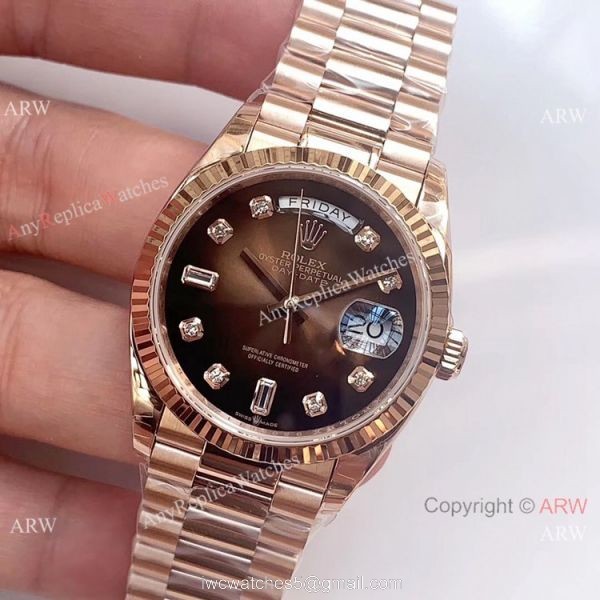 Swiss Replica Rolex DayDate Rose Gold D-Brown Dial Watch EW Factory 3255 2