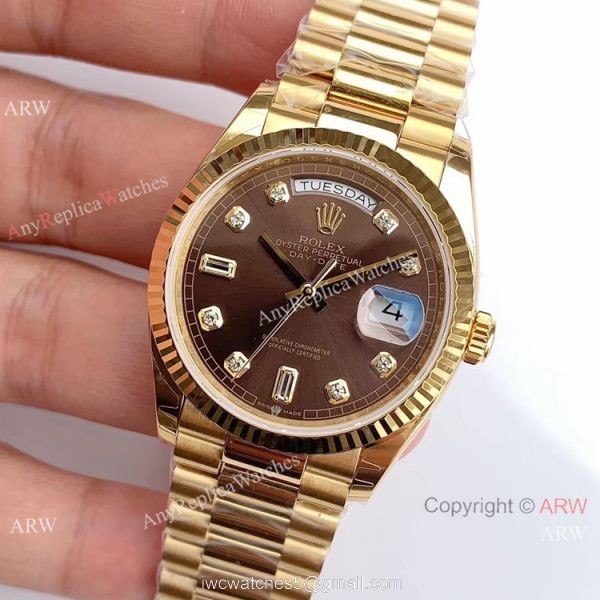 (EW Factory )Rolex Oyster Perpetual Day Date Fake Watch ETA3255 Gold President Brown Diamond Dial 2
