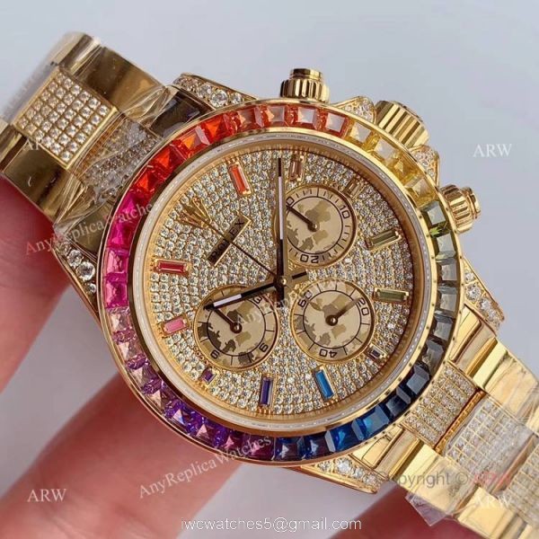 JH Factroy New Gold Rolex Daytona Rainbow Diamonds Watch Replica Swiss Cal 4130 2
