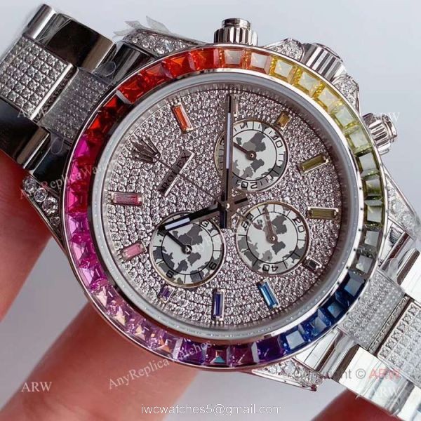 JH Factroy New Rolex Daytona Rainbow Full Pave Diamond Replica Watch Swiss 4130 Movement 2