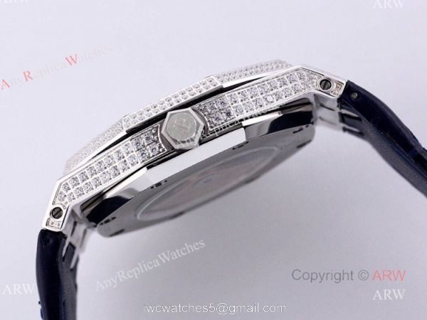 Swiss Replica Iced Out Audemars Piguet Royal Oak Blue Dial Watch Blue Leather Strap 2