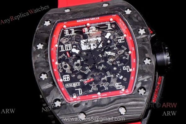 KV Factory Swiss Replica Richard Mille RM 011 Red Rubber Strap Carbon Watch 2