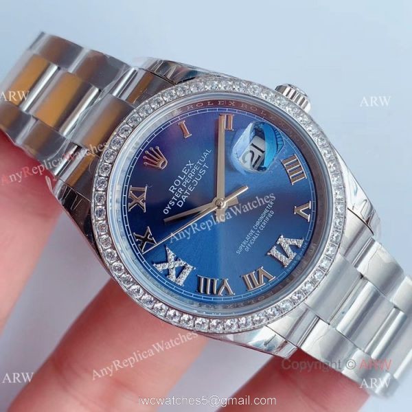 (EW) Swiss 3235 Replica Rolex Datejust Blue Dial 36mm Watch With Diamond Bezel 2