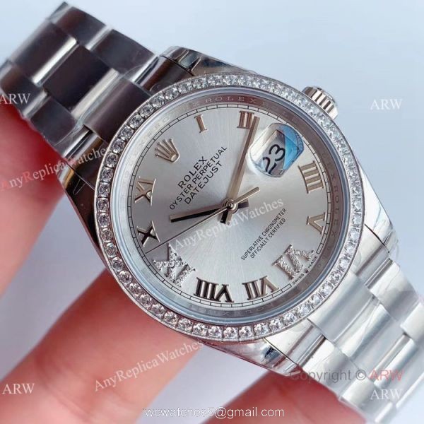 (EW) Swiss Replica Rolex Datejust Stainless Steel Silver Dial Diamond Watch 36mm 2