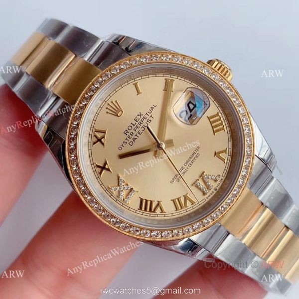 EW Factory Mens Rolex Datejust Two Tone Diamond Watch Replica Rolex Datejust 36 Gold Dial For Sale 2