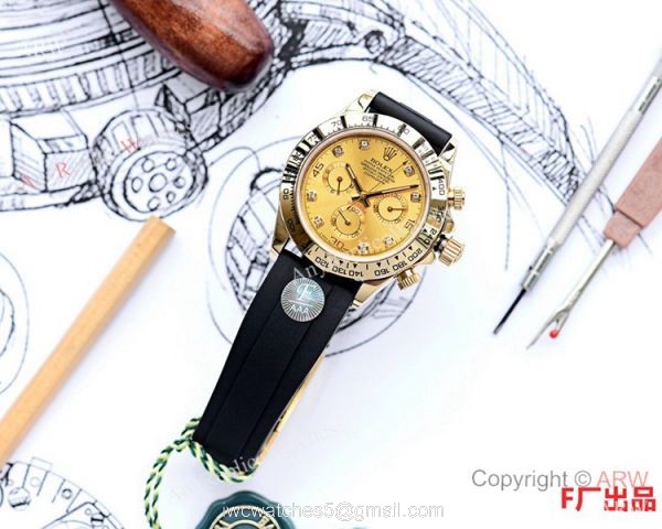 Best Replica Rolex Daytona Rubber Band Watch Gold Diamond Face 40mm 2
