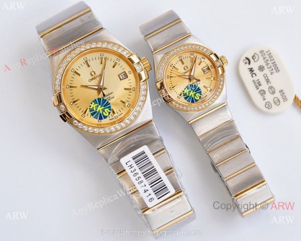 Swiss Quality Clone Omega Double Eagle Couple Watches Silver Dial Diamond Bezel 38mm and 27mm 2