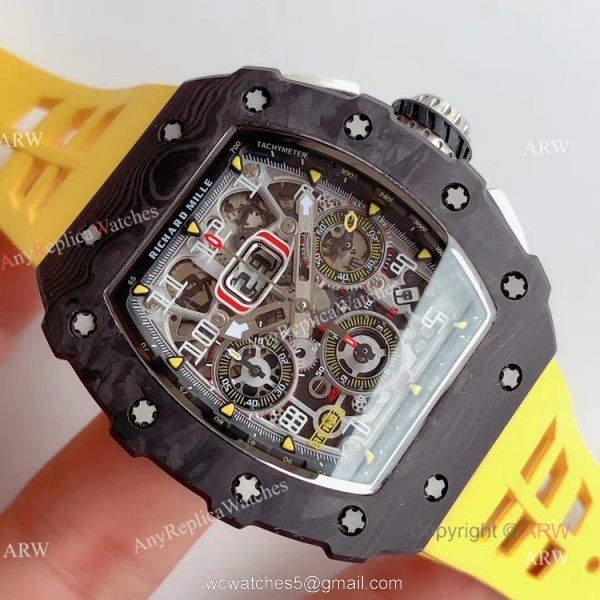 KV Factory V2 Upgraded Carbon Richard Mille RM011 Yellow Rubber Band Replica Watches For Sale 2