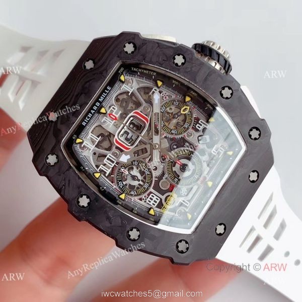 KV Factory V2 Upgraded Carbon Richard Mille Skeleton RM011 White Rubber Band Replica Watches 2