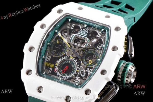 KV Factory Knockoff Richard Mille Green Rubber White Ceramic Replica Watch RM11-03 2