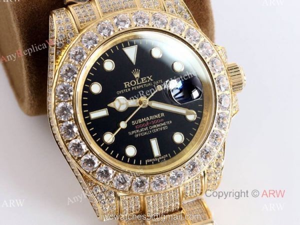 Best Replica Gold Rolex Submariner Date Black Dial All Diamond Watches For Men 2