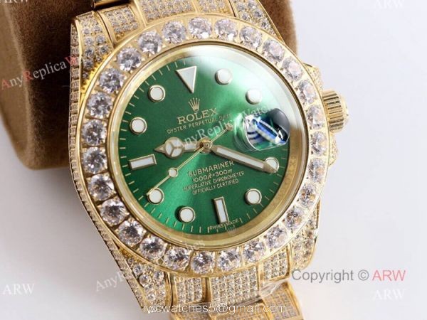 Gold Rolex Submariner Clone Green Dial Diamond Watch 11610 2
