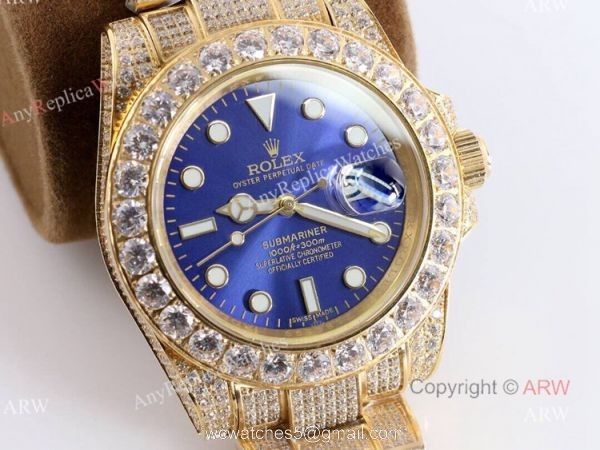 High Quality Yellow Gold Iced Out Rolex Submariner Clone Watch 2