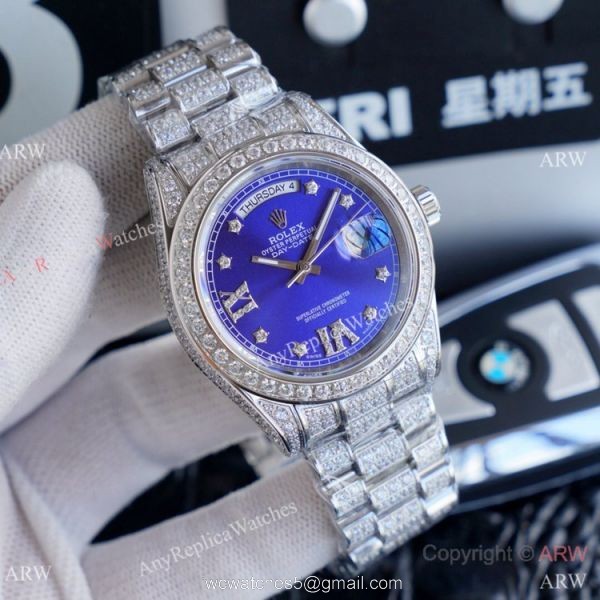 Replica Rolex Day Date II Watches Stainless Steel Iced Out Diamond Case 2