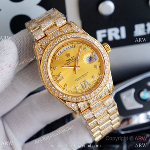 Replica Rolex Day Date II Watches Gold Iced Out Diamond Silver Dial 2