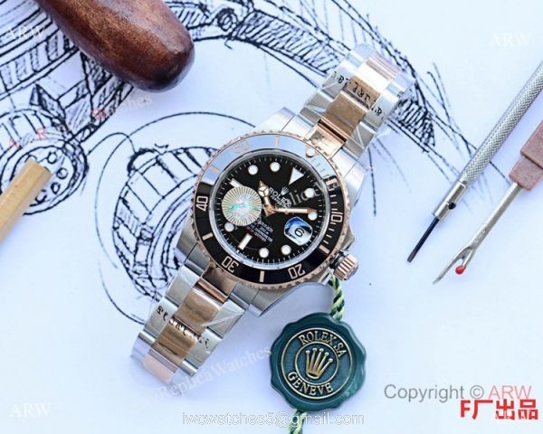 Copy Rolex Submariner Date Watch Two Tone Rose Gold Black Dial Black Ceramic Bezel 2