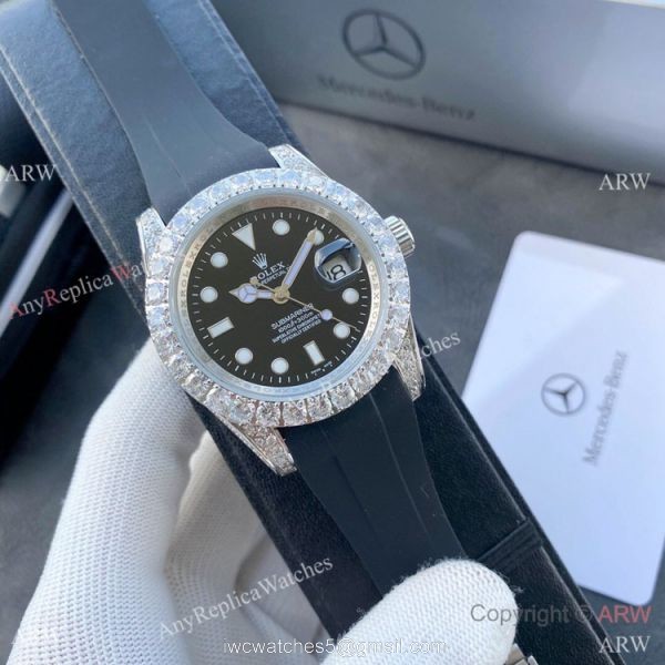 Top Replica Rolex Submariner Iced Out Diamond Watches 40mm Gold Case Blue Rubber Strap 2