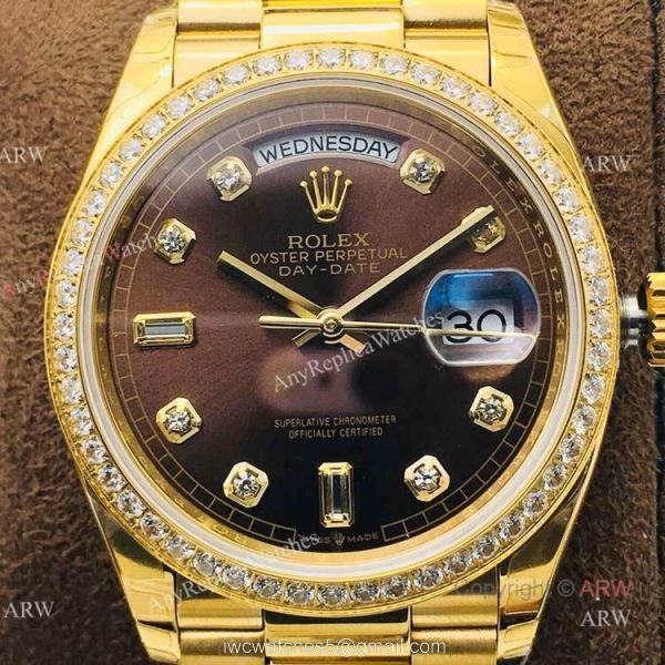 (EWF ) Swiss Rolex Oyster Perpetual Day Date Fake Watches Brown Diamond Dial 2