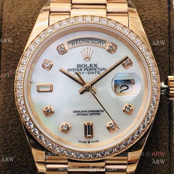 (EWF ) Swiss Replica Rolex Day Date Rose Gold White Mop Dial Diamond Watch 36mm 2
