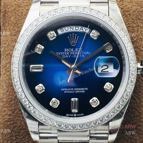 (EWF ) Swiss Rolex Oyster Perpetual Day Date Fake Watch Blue Diamond Dial 36mm 2
