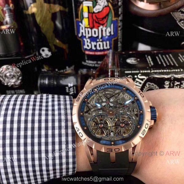 Replica Roger Dubuis Excalibur Double Flying Tourbillon Watches Black Skeleton Dial Rose Gold 2