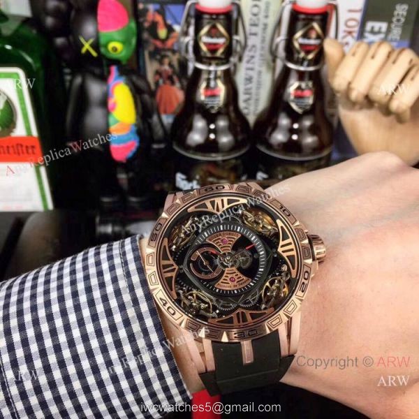 Copy Roger Dubuis Excalibur Quatuor Men Watches Red Rubber Strap Rose Gold Case 2