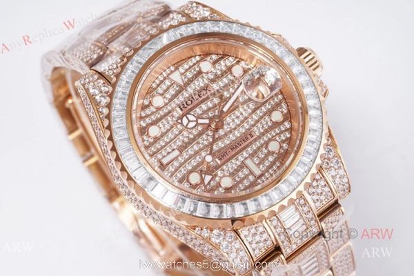 Best Replica Rolex GMT Master ii Full Diamond Rose Gold Watch 40mm 2