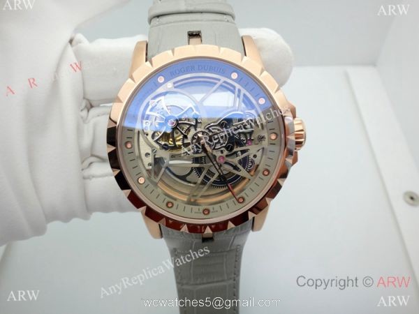 Copy Roger Dubuis Excalibur Flying Tourbillon Watch Rose Gold Gray Leather Strap 2