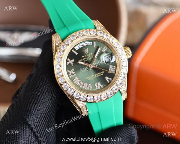 Knock-off Rolex Day-Date 40MM Blue Face Diamond Case Rubber Strap Watch 2