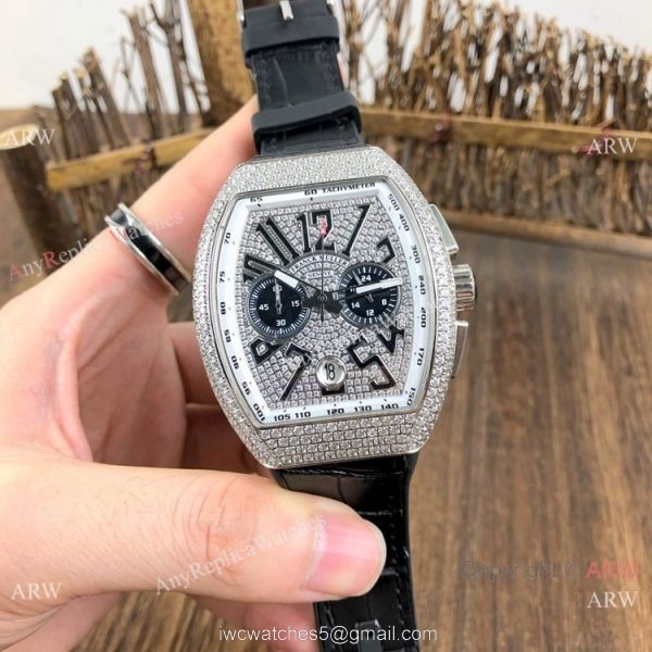 Copy Franck Muller Vanguard Chronograph Iced Out Watches Blue Gummy Strap 2