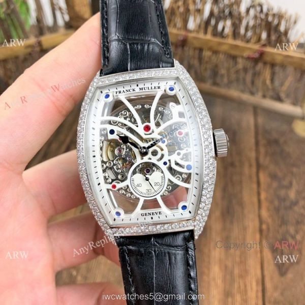 Knockoff Franck Muller Cintree Curvex Skeleton Watches SS Diamond Brown Leather Strap 2