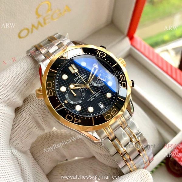 Copy Omega Seamaster 300M Chronograph Watch Two Tone Rose Gold Dark Blue Dial 2