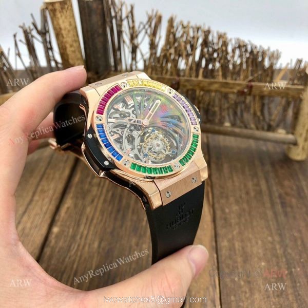 Super Clone Hublot Tourbillon Skeleton Big Bang Rose Gold Rainbow Watch 2