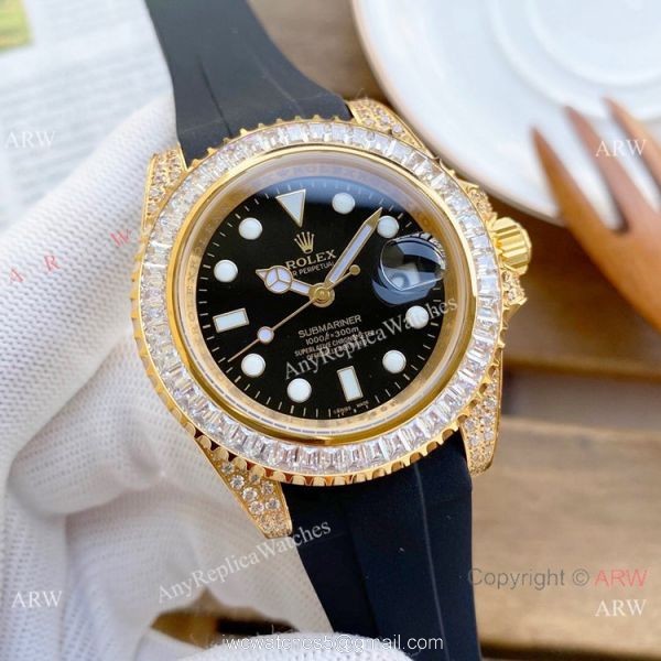 AAA Replica Rolex Submariner Diamond Watches SS Black Rubber Strap 2