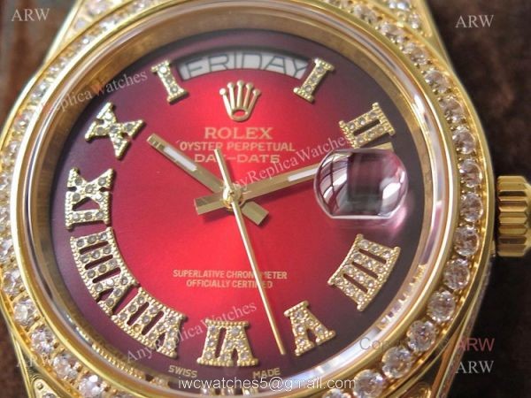 Mens Rolex Day Date Replica Watch Asian 2836 Red Face Rolex Iced Out Watch 2