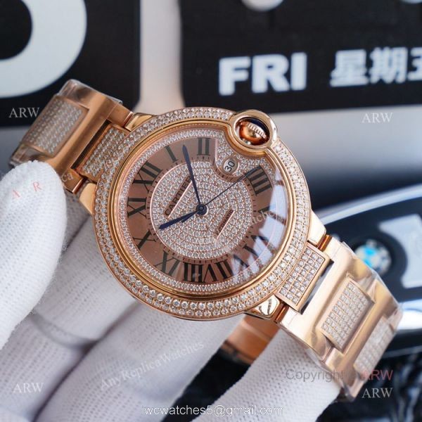 1:1 Copy Rose Gold Cartier Ballon Bleu Replica Full Diamond Watch 42mm 2