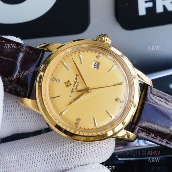 New Patek Philippe Calatrava Replica Watch Gold Dial With Brown Leather Band 2