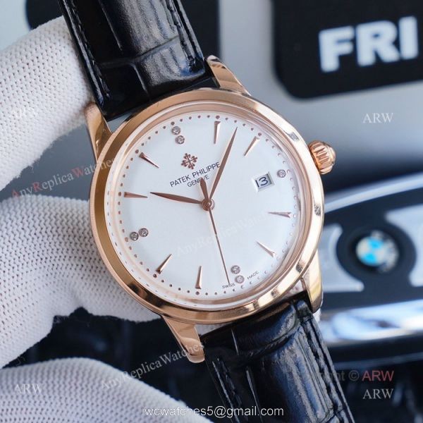New Patek Philippe Geneve Copy Watches White Dial Black Leather Strap 2