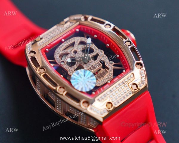 Rose Gold Richard Mille RM 052 Skull Replica Watch With Red Rubber Strap 2