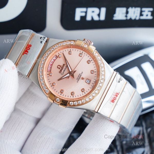 1:1 Swiss Replica Omega Constellation Double Eagle Rose Gold Diamond Watch 38mm 2