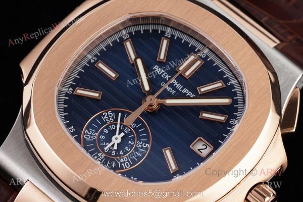 New Patek Philippe Nautilus Rose Gold And Silver Blue Dial Chronograph Swiss Replica Watches 2