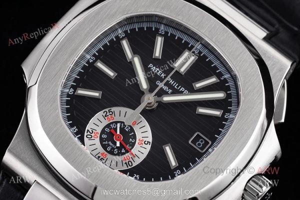 New Patek Philippe Nautilus 5980 Black Dial Black Leather Strap Swiss Made Replica Watch 2