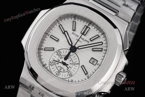 New Swiss Replica Patek Philippe Nautilus Silver Case White Dial Chronograph Watch 2