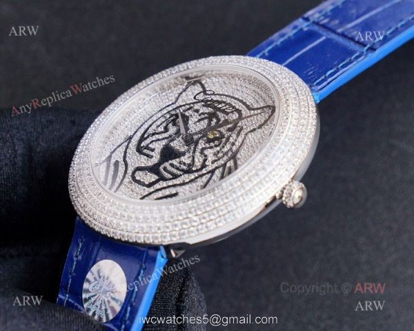 High Quality Replica Diamond Cartier Panth?Re Watch With Cartier Blue Leather Strap 2