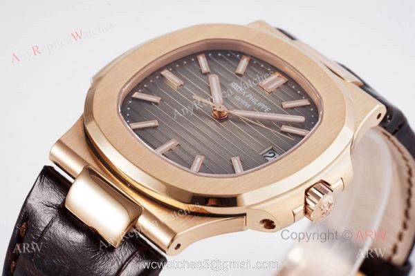 Swiss Patek Philippe Nautilus Rose Gold Grey Dial Brown Leather Strap Replica Watch 2
