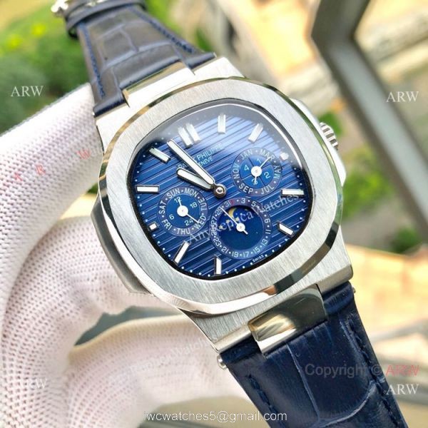 Copy Patek Philippe Nautilus White Face Annual Calendar Watch Brown Leather Strap 2