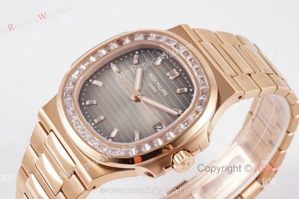 (PPF) V4 Version Swiss Replica Rose Gold Patek Philippe Nautilus Diamond Watches With Gray Dial 2